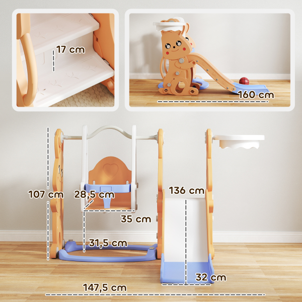 AIYAPLAY Escorrega Infantil 4 em 1 Baloiço e Escorrega Escalador Tabela de Basquetebol Temática de Coelho 147,5x160x107 cm Laranja - Image 3