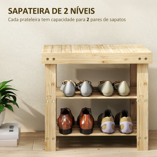 HOMCOM Banco Sapateira de Bambu Organizador de Sapatos com 2 Prateleiras para 4 Pares de Sapatos 50x28x45 cm Madeira - Image 4