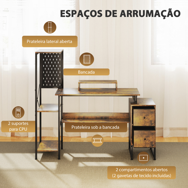 HOMCOM Secretária Estilo Industrial com Luzes LED Estação de Carga Suporte para Monitor Controlo Remoto 142x50x126,5 cm Castanho Rústico - Image 8