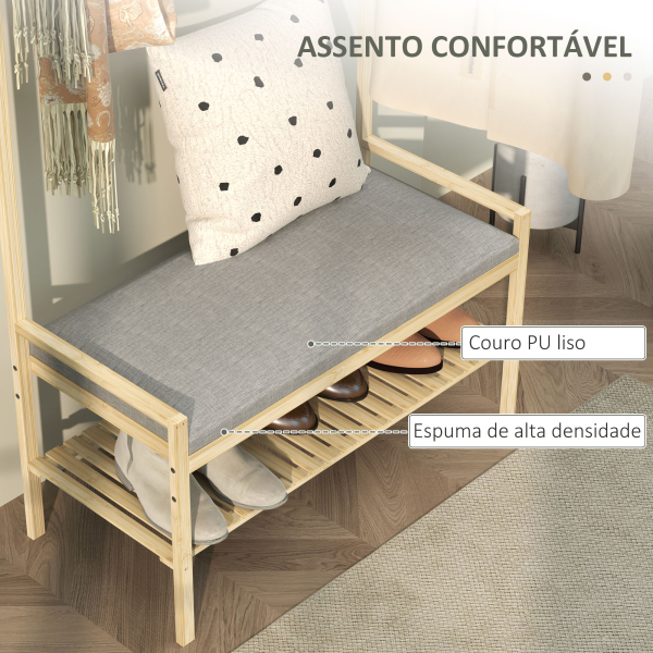 HOMCOM Móvel Cabide de Entrada com Sapateira 10 Ganchos Barra Superior e Compartimento 73,5x34x171 cm Madeira e Cinza - Image 5