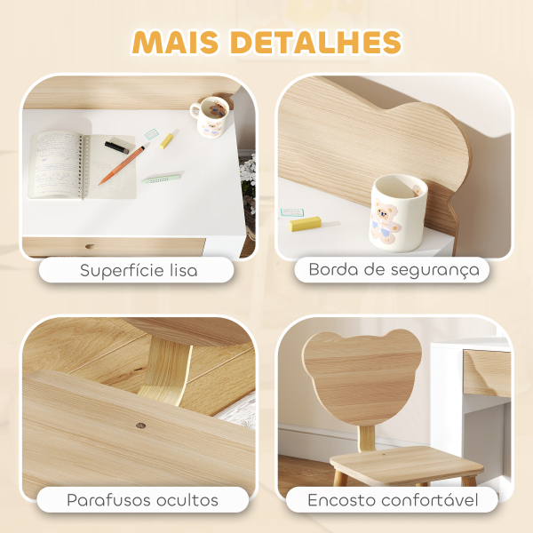 AIYAPLAY Secretária para Crianças com Cadeira em Forma de Ursinho Secretária Infantil com Gaveta para Estudar Ler e Desenhar Branco e Madeira - Image 6