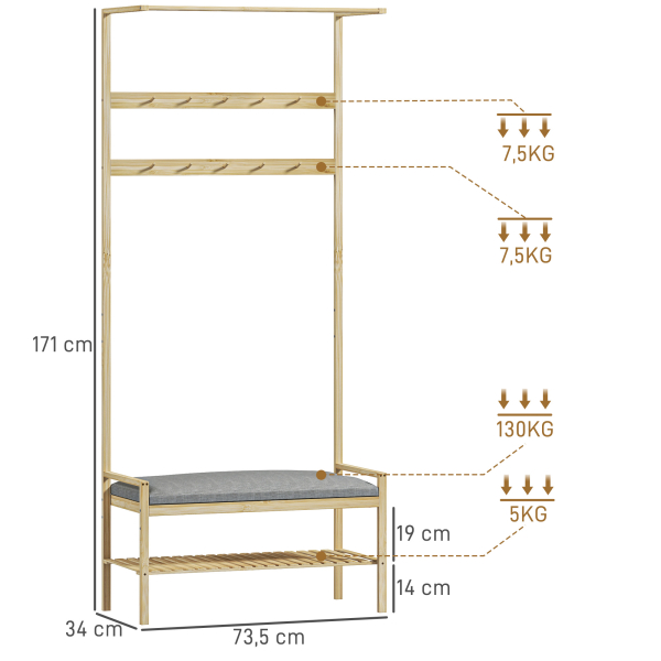 HOMCOM Móvel Cabide de Entrada com Sapateira 10 Ganchos Barra Superior e Compartimento 73,5x34x171 cm Madeira e Cinza - Image 3