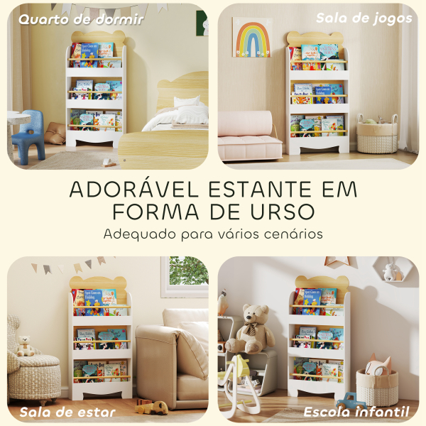 AIYAPLAY Estante Infantil de 3 Níveis Estante para Livros Infantil Desenho de Ursinho 55x15x110 cm Branco e Madeira - Image 7