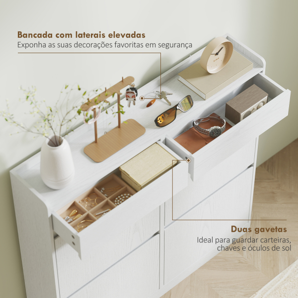 HOMCOM Sapateira Estreita com 4 Portas Sapateira para Entrada com 2 Gavetas para 8 Pares de Sapatos 98x19,2x95,3 cm Branco - Image 6