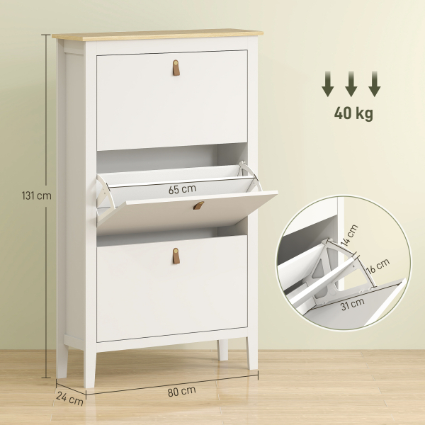 HOMCOM Sapateira para Entrada com 3 Gavetas Prateleiras Ajustáveis e Puxadores em PU para 21 Pares de Sapatos 80x24x131 cm Branco - Image 3