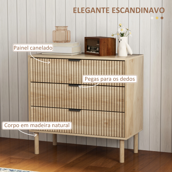 HOMCOM Cómoda com 3 Gavetas Cómoda Dormitório Estilo Nórdico com Painéis Ripados e Puxadores Metálicos 80x40x77,5 cm Madeira - Image 4