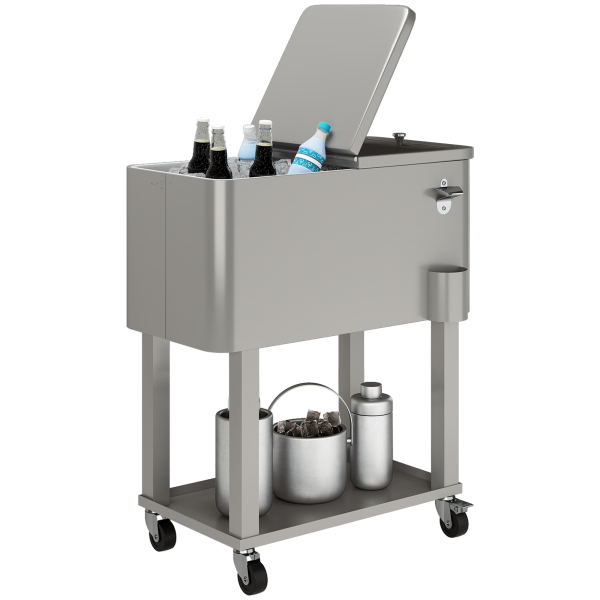 Outsunny Carrinho Refrigerador de Bebidas de 56L com Rodas Abridor de Garrafas e Prateleira para Pátio Festas 67x35x80 cm Cinzento Claro - Image 9