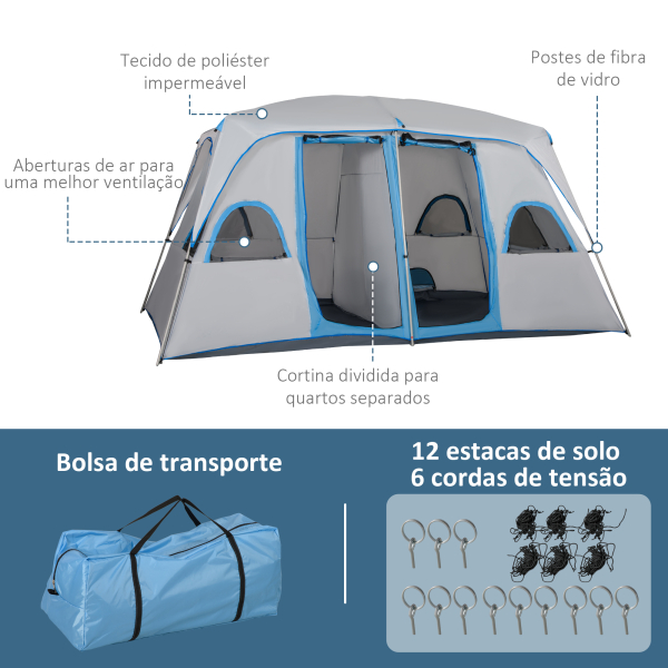 Outsunny Tenda de Campismo Familiar para 4-8 Pessoas com 2 Quartos 2 Bolsos e Janelas com Malha Impermeável 400x275x210 cm Cinza - Image 8