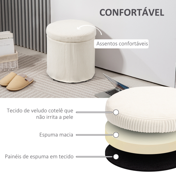 HOMCOM Puff de Arrumação Baú de Arrumação Redondo Estofado em Veludo Cotelê  Tampa Removível Ø40x41 cm Creme - Image 5