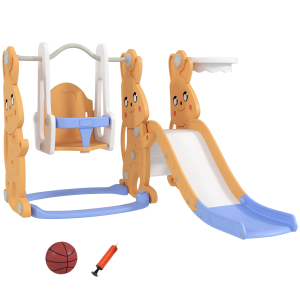 AIYAPLAY Escorrega Infantil 4 em 1 Baloiço e Escorrega Escalador Tabela de Basquetebol Temática de Coelho 147,5x160x107 cm Laranja