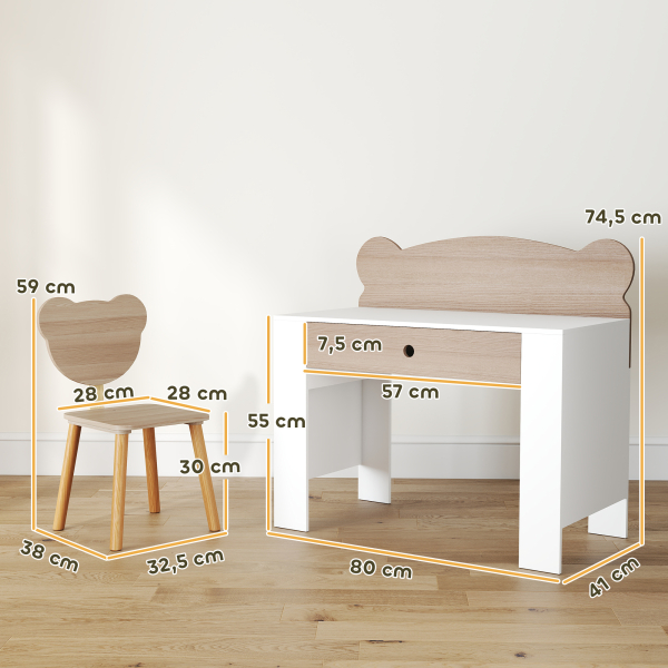 AIYAPLAY Secretária para Crianças com Cadeira em Forma de Ursinho Secretária Infantil com Gaveta para Estudar Ler e Desenhar Branco e Madeira - Image 3