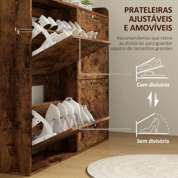 HOMCOM Sapateira de 4 Portas com Prateleiras Ajustáveis Estilo Industrial para 24 Pares de Sapatos 120x24x103 cm Castanho Rústico - Image 5