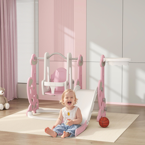 AIYAPLAY Escorrega Infantil 4 em 1 Parque Infantil com Baloiço e Escorrega Escalador Cesto de Basquetebol 147,5x160x107 cm Rosa - Image 2