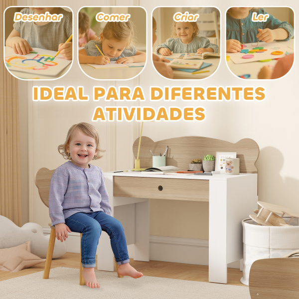 AIYAPLAY Secretária para Crianças com Cadeira em Forma de Ursinho Secretária Infantil com Gaveta para Estudar Ler e Desenhar Branco e Madeira - Image 4