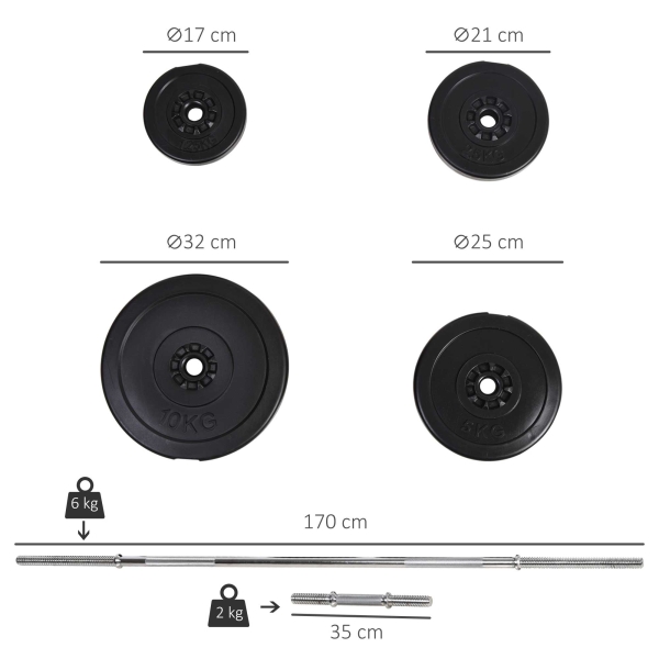 HOMCOM Conjunto de Barras de Pesos com 14 Discos de Pesos Intercambiáveis até 55kg Conjunto de Pesos e Barras Ajustáveis para Culturismo Treinamento Fitness em Casa Academia Preto - Image 3