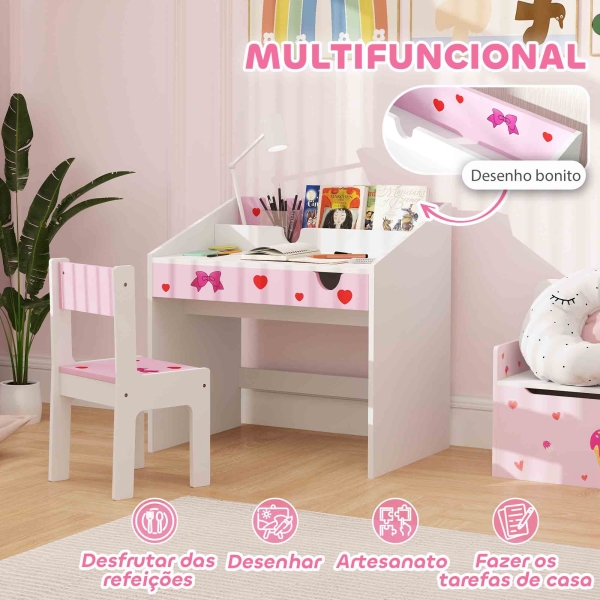 AIYAPLAY Conjunto de Secretária e Cadeira para Crianças com Gaveta Amovível e Compartimento para Dormitório Sala de Jogos Rosa e Branco - Image 4