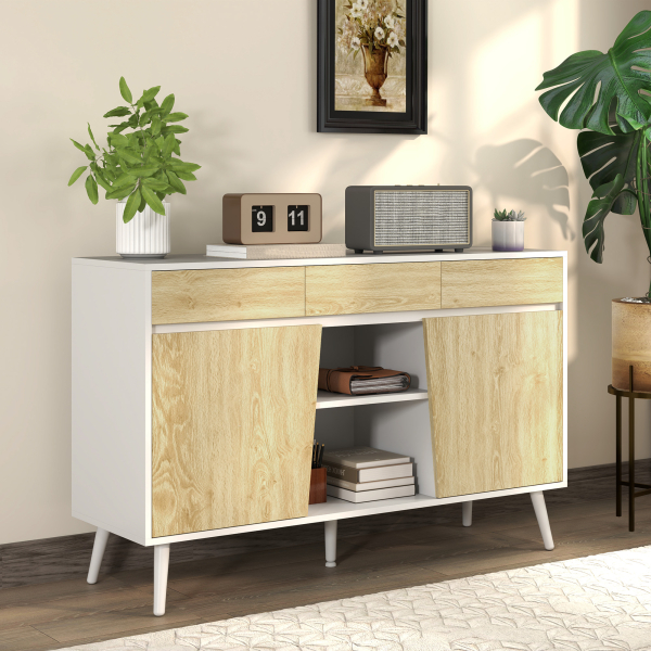 HOMCOM Aparador de Sala de Estar com 3 Gavetas Prateleiras Móvel para TV para Dormitório Sala de Estar 120x39x77 cm Branco e Madeira - Image 9
