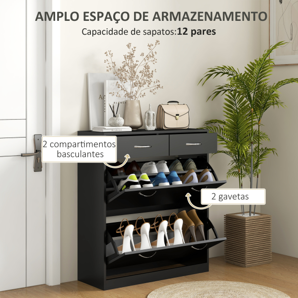 HOMCOM Sapateira Estreito com 2 Compartimentos e 2 Gavetas para 12 Pares de Sapatos 80x30x91,5 cm Preto - Image 4