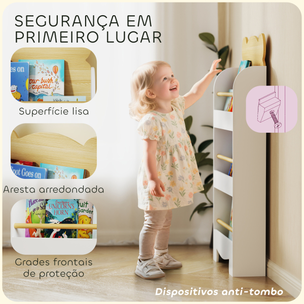 AIYAPLAY Estante Infantil de 3 Níveis Estante para Livros Infantil Desenho de Ursinho 55x15x110 cm Branco e Madeira - Image 5