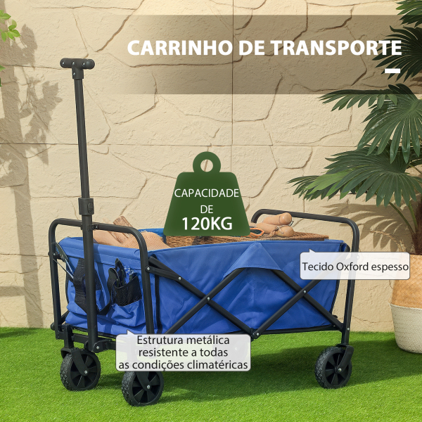 Outsunny Carrinho de Transporte com Rodas Carrinho de Jardim Dobrável com Pega Telescópica Ajustável 2 Bolsas de Arrumação 64x42x27 cm Azul - Image 5