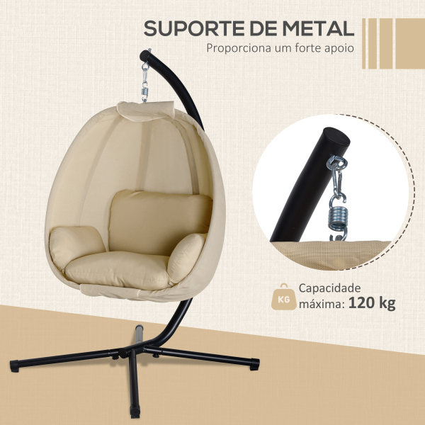 Outsunny Cadeira Suspensa Tipo Ovo com Suporte Baloiço de Jardim com Cesto Dobrável e Almofada Baloiço Suspenso 125x95x170 cm Caqui - Image 7