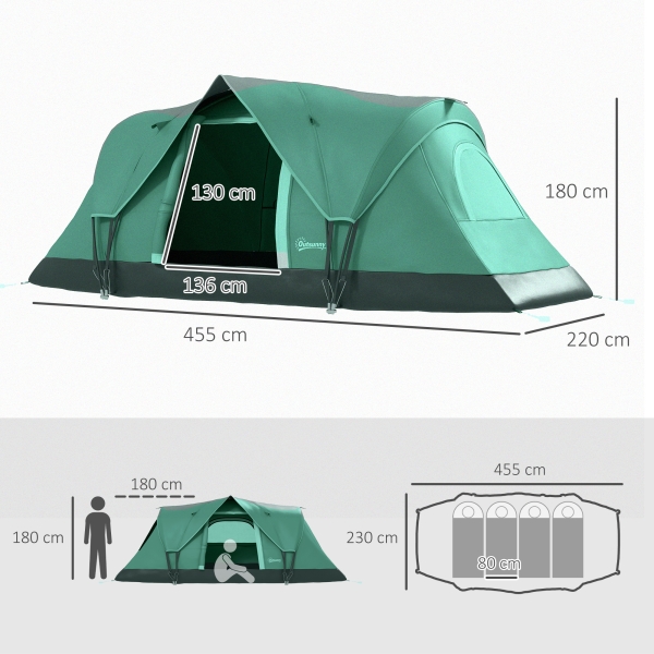 Outsunny Tenda de Campismo para 5-6 Pessoas Impermeável + Anti UV com Bolsa de Transporte e Gancho para Luz 455x230x180cm Verde - Image 3
