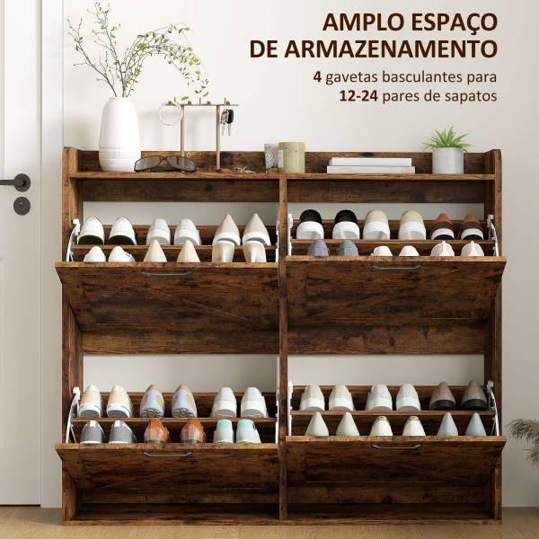 HOMCOM Sapateira de 4 Portas com Prateleiras Ajustáveis Estilo Industrial para 24 Pares de Sapatos 120x24x103 cm Castanho Rústico - Image 4