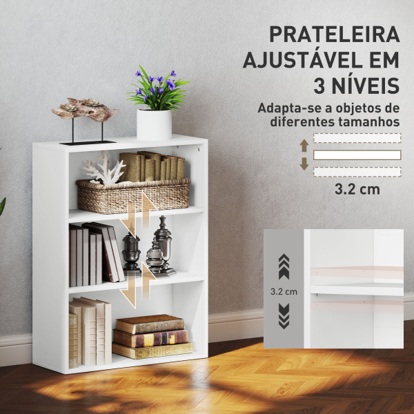HOMCOM Estante de 3 Níveis Estante para Livros com 2 Prateleiras Ajustáveis para Sala de Estar Escritório Quarto 60x24x80 cm Branco - Image 5
