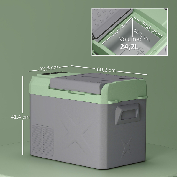 Outsunny Geleira Portátil Elétrica 24,2L -20℃ a +20 ℃ 12V/24V Mini Geleira com Rodas Compressor e Ecrã LED Tátil 60,2x33,4x41,4 cm Cinza e Verde - Image 3
