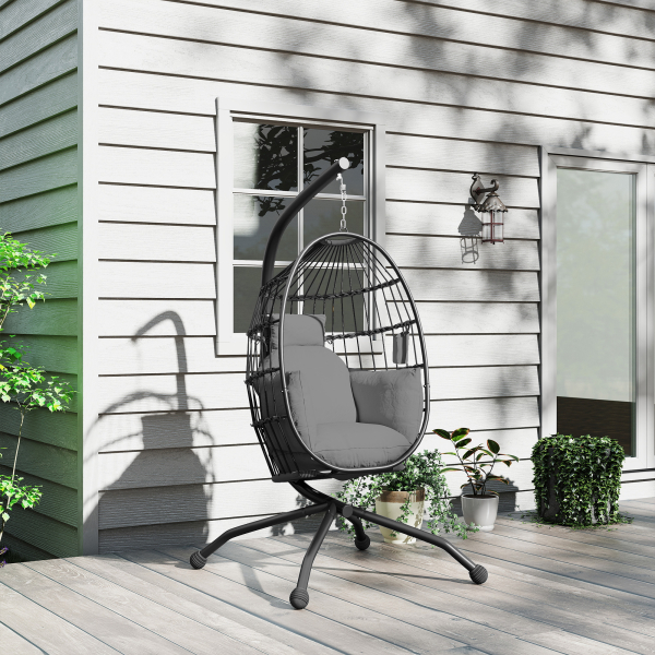 Outsunny Cadeira Suspensa com Suporte Cadeira Baloiço de Jardim com Cesto Dobrável Almofada e Apoio para a Cabeça 120x88x192 cm Preto - Image 8