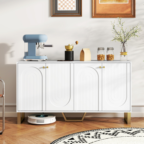 HOMCOM Aparador Moderno para Sala de Estar com Prateleiras Ajustáveis e Pés Dourados Móvel para TV até 65 Polegadas 140,8x35x77,5 cm Branco - Image 2