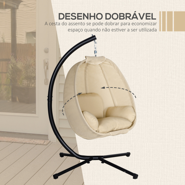 Outsunny Cadeira Suspensa Tipo Ovo com Suporte Baloiço de Jardim com Cesto Dobrável e Almofada Baloiço Suspenso 125x95x170 cm Caqui - Image 6