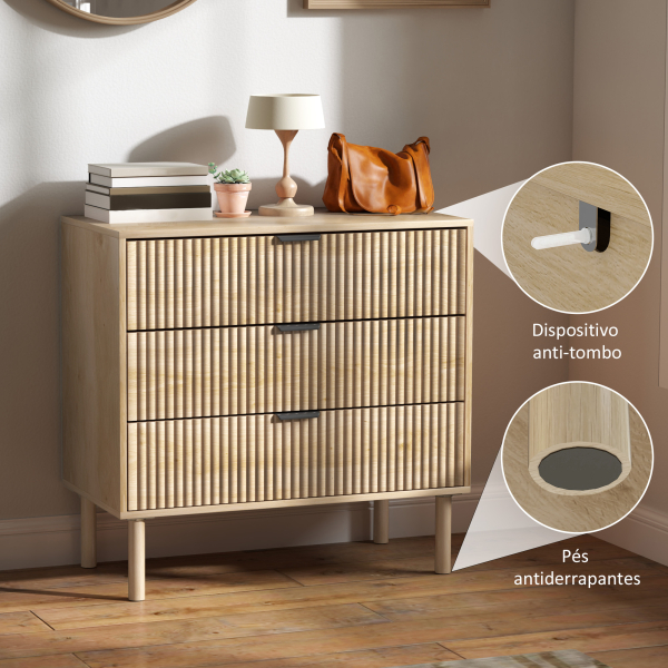 HOMCOM Cómoda com 3 Gavetas Cómoda Dormitório Estilo Nórdico com Painéis Ripados e Puxadores Metálicos 80x40x77,5 cm Madeira - Image 6