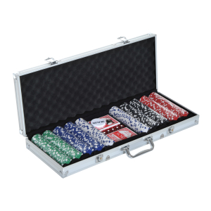 HOMCOM Mala de Poker Profissional com 500 Fichas Jogo de Poker com Mala de Alumínio 5 Dados 2 Baralhos de Cartas e 1 Ficha de Dealer 55,5x22x6,5cm Multicor