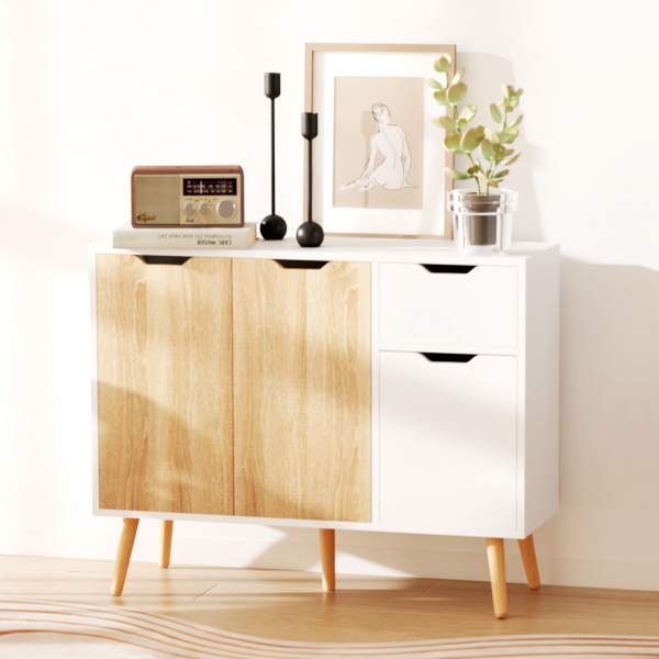 HOMCOM Aparador Móvel Auxiliar de Armazenamento com 2 Armários de Porta Gaveta Pés de Madeira para Sala de Estar Cozinha Dormitório 90x30x72cm Natural e Branco - Image 2