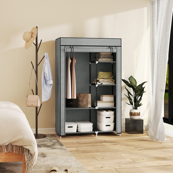 HOMCOM Roupeiro de Tecido Dobrável com 6 Prateleiras e 1 Barra de Pendurar para Dormitório Vestidor 103x43x162,5cm Cinza - Image 7