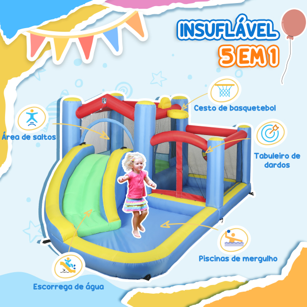 AIYAPLAY Castelo Insuflável 5 em 1 Parque Aquático Insuflável para Crianças com Escorrega Piscina Alvo e Cesta  385x290x180 cm Multicor - Image 4