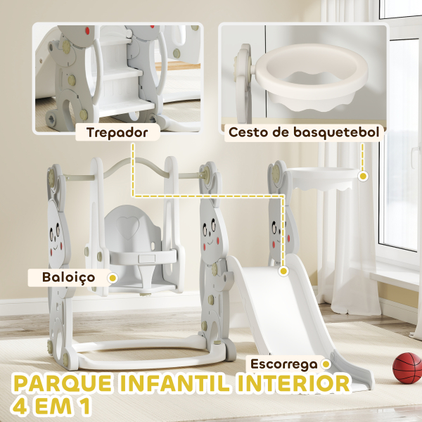 AIYAPLAY Escorrega Infantil 4 em 1 Baloiço e Escorrega Escalador Tabela de Basquetebol Temática de Coelho 147,5x160x107 cm Cinza - Image 4