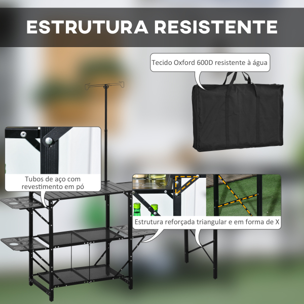 Outsunny Mesa de Campismo de 3 Níveis Dobrável com Prateleiras de Armazenamento Suporte para Candeeiro e Bolsa de Transporte 173x52x80-174 cm Preto - Image 7