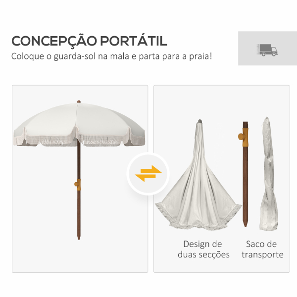 Outsunny Chapéu de Sol de Praia Ø190x210 cm com 8 Varas Abertura Manual Anti-UV Impermeável e Bolsa de Transporte para Jardim Creme - Image 7