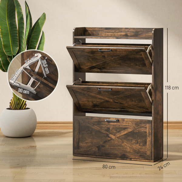 HOMCOM Sapateira de 3 Portas com Prateleiras Ajustáveis Estilo Industrial para 24 Pares de Sapatos 80x24x118 cm Castanho Rústico - Image 3