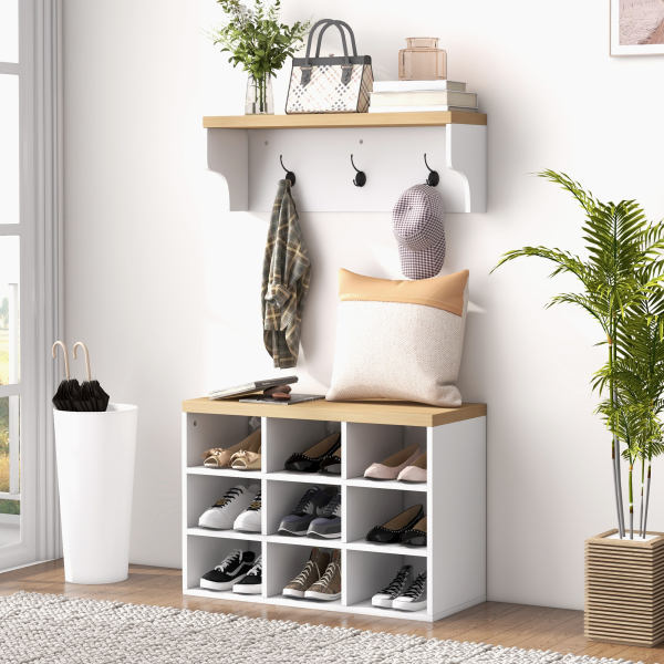 HOMCOM Móvel Cabide de Entrada com Banco Sapateira 2 em 1 Móveis de Entrada com 3 Ganchos 75x30x50 cm e 75x20x22,5 cm Branco - Image 2