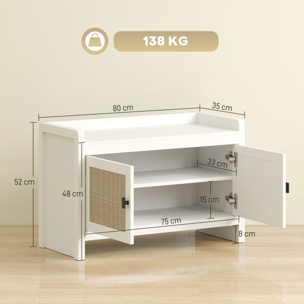 HOMCOM Banco Sapateira com Portas Frentes de Vime Prateleira para 8 Pares de Sapatos para Entrada Dormitório 80x35x52 cm Branco - Image 3