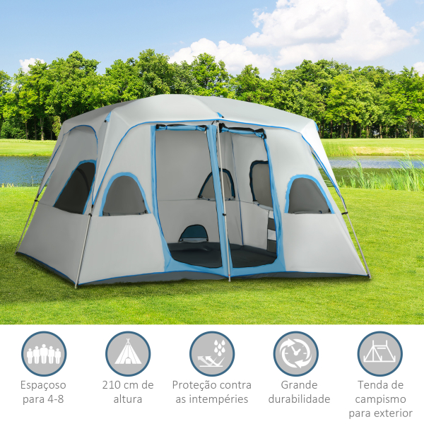 Outsunny Tenda de Campismo Familiar para 4-8 Pessoas com 2 Quartos 2 Bolsos e Janelas com Malha Impermeável 400x275x210 cm Cinza - Image 6