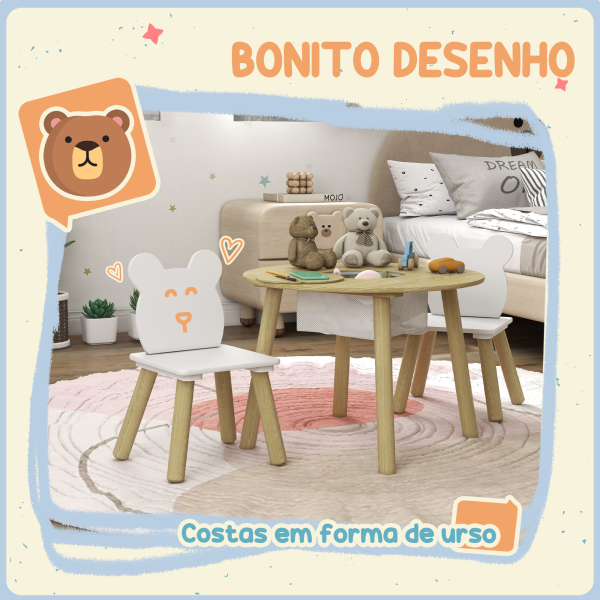 AIYAPLAY Mesa Infantil com 2 Cadeiras com Espaço de Arrumação para Crianças de 3-6 Anos para Sala de Jogos Dormitório Madeira e Branco - Image 4
