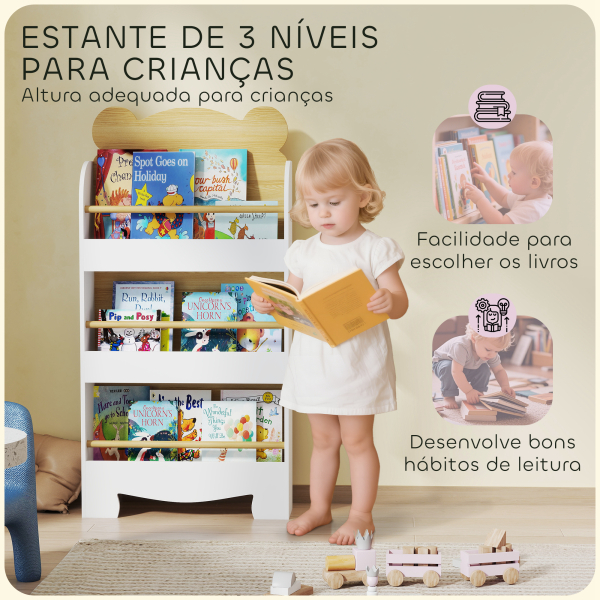 AIYAPLAY Estante Infantil de 3 Níveis Estante para Livros Infantil Desenho de Ursinho 55x15x110 cm Branco e Madeira - Image 4