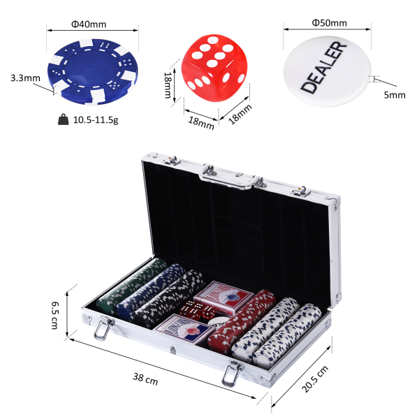 HOMCOM Mala de Poker Profissional com 300 Fichas Jogo de Poker com Mala de Alumínio 5 Dados 2 Baralhos de Cartas e 1 Ficha de Dealer 38x20,5x6,5cm Multicor - Image 3
