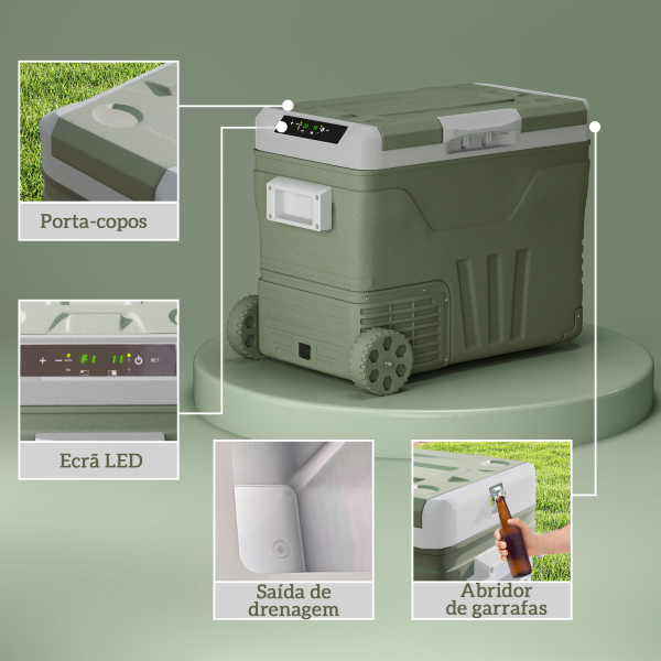 Outsunny Geleira Portátil Elétrica 45L Geleira de Carro -20℃ a +20℃ 12V/24V com Rodas Compressor e Ecrã LED 64,5x43,5x53 cm Verde - Image 9