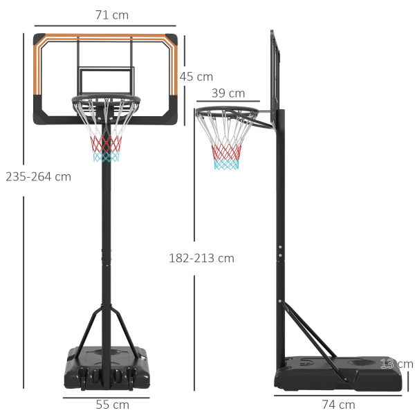 SPORTNOW Tabela de Basquetebol de Exterior com Altura Ajustável 235-264 cm Suporte para Bola Rodas e Base Recarregável Preto - Image 3