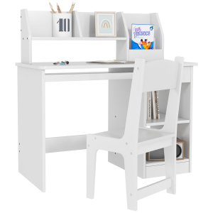 ZONEKIZ Conjunto de Secretária e Cadeira para Crianças com 2 Gavetas e Compartimento para Dormitório Sala de Estudo Branco
